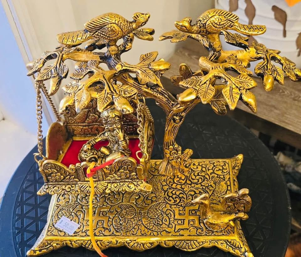 Ladoo Gopal on Swing with life of tree - Brass finish