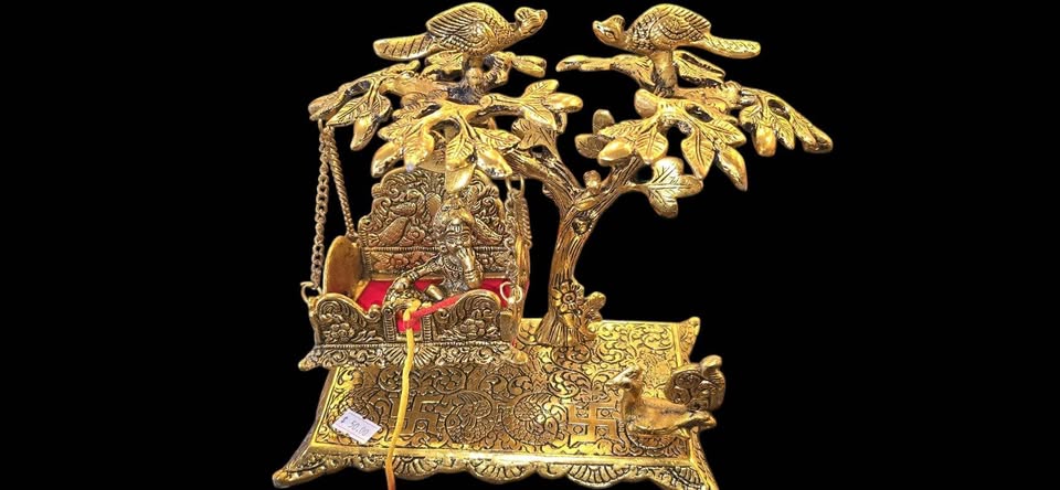 Ladoo Gopal on Swing with life of tree - Brass finish
